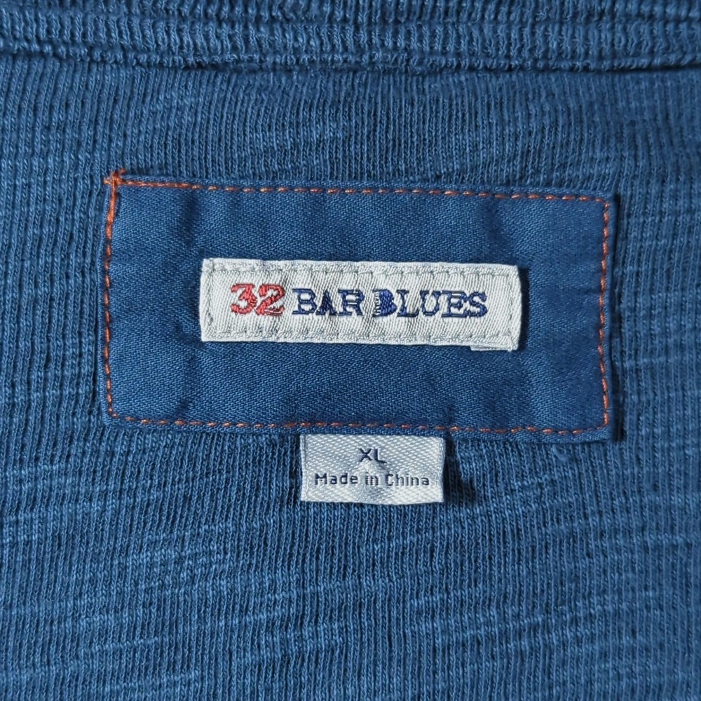32 Bar Blues Henley Shirt Mens XL Blue Pique Cotton Knit Contrast Stitching - Picture 3 of 7